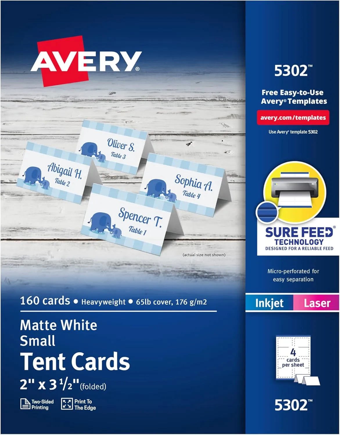 Avery Printable Tent Cards with Sure Feed Technology, 2" x 3.5", 160 Blank Place Cards