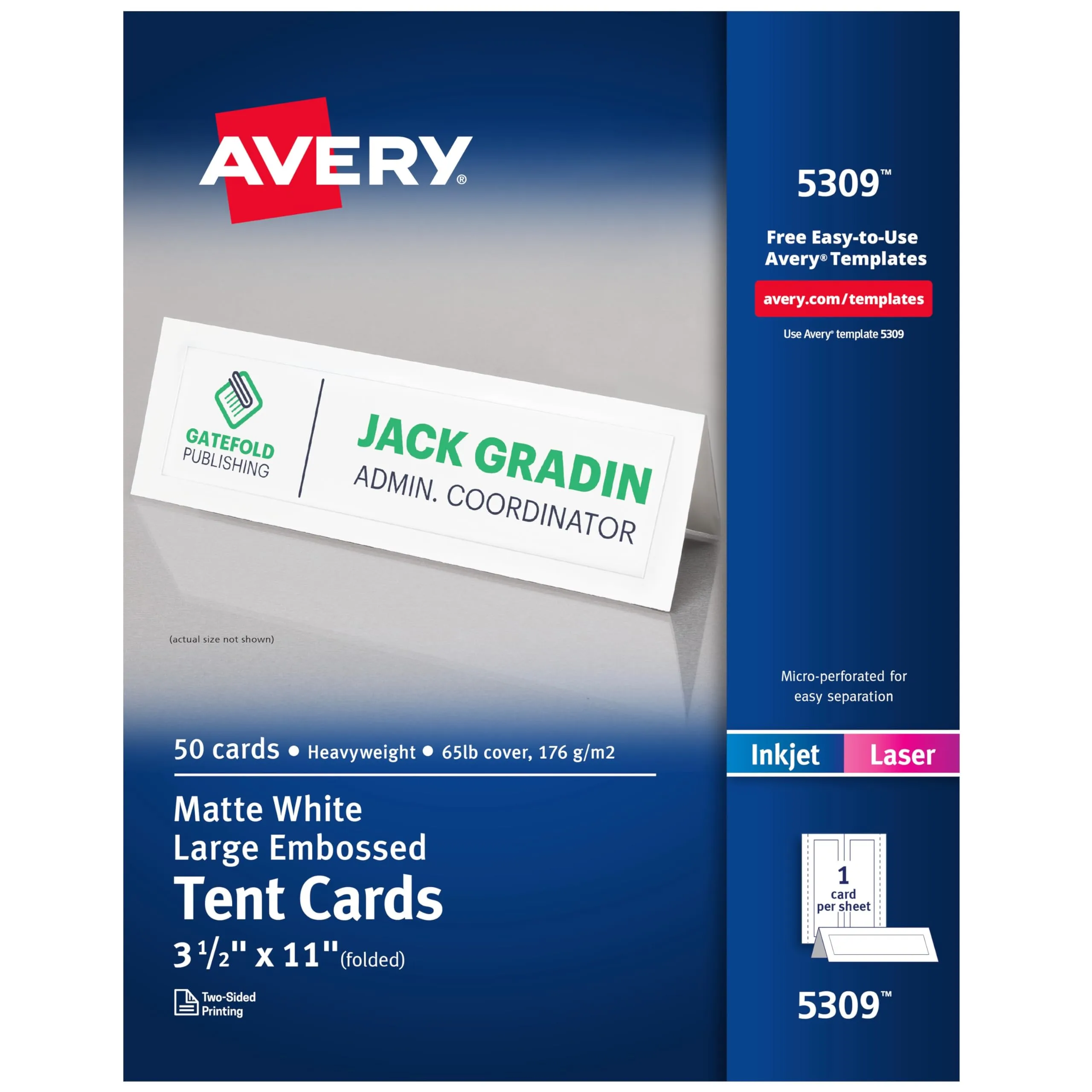 Avery Printable Tent Cards, 3.5 x 11, White Embossed Border - 50 Pack (5309)