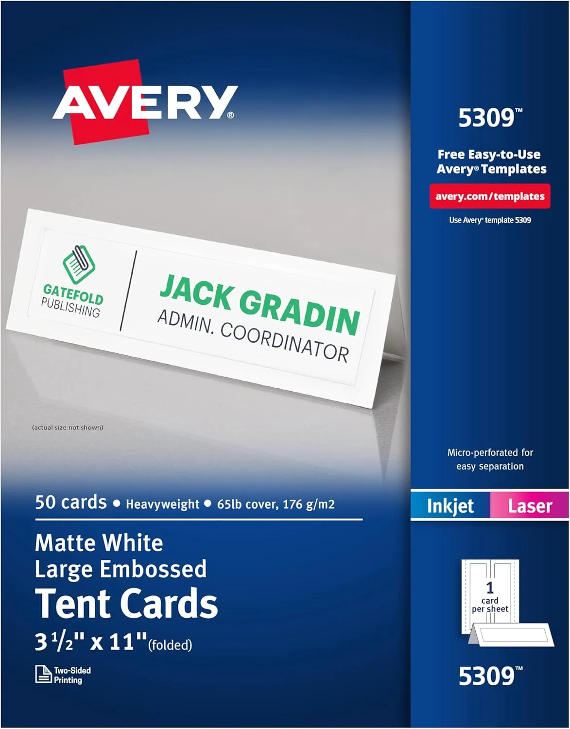 Avery Printable Tent Cards, 3.5 x 11, White Embossed Border - 50 Pack (5309)