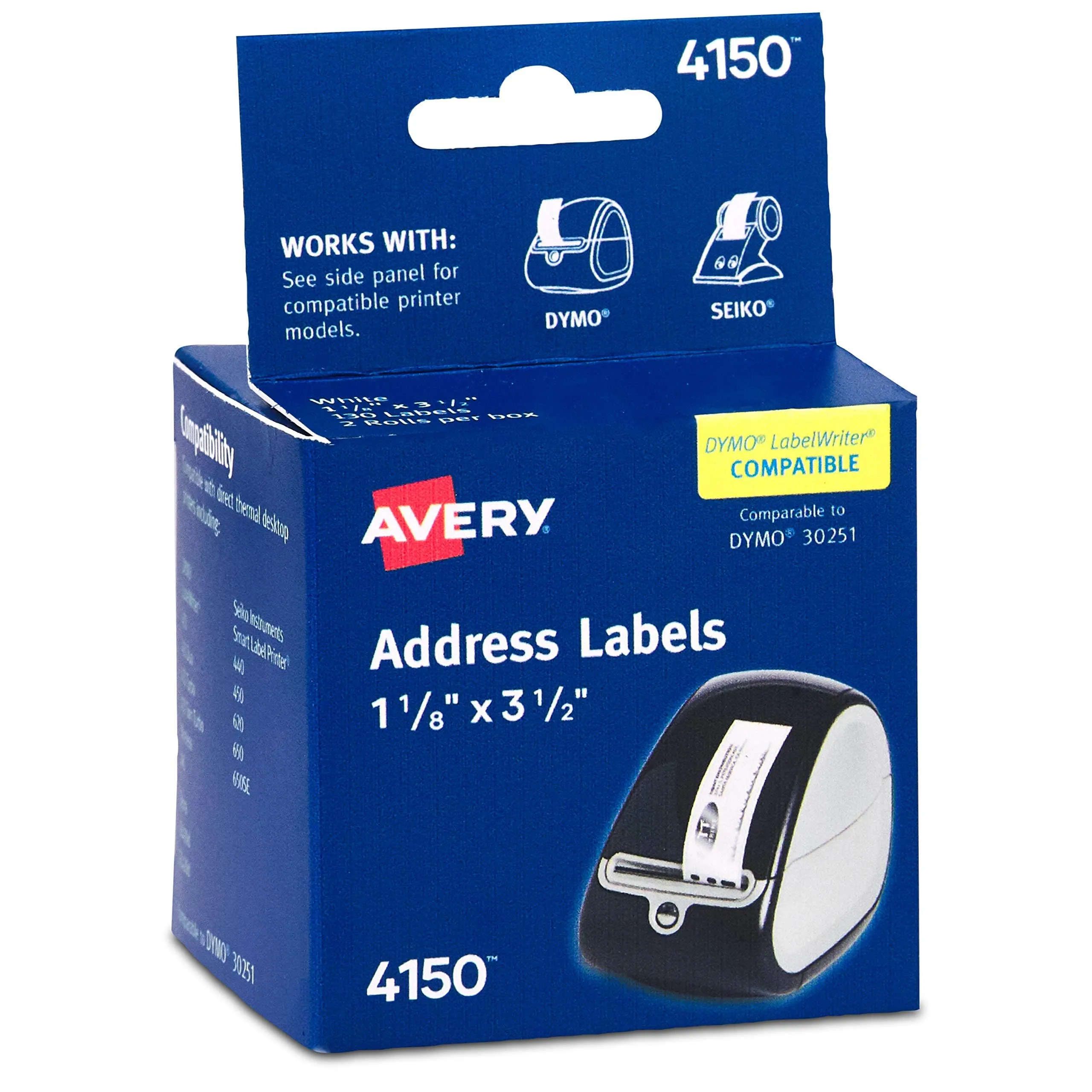 Avery Direct Thermal Address Labels, 1-1/8" x 3-1/2", White, Comparable to DYMO 30251, 130 Blank Labels per Roll, 2 Rolls, 260 Total (4150) 1-1/8" x 3-1/2 260 labels