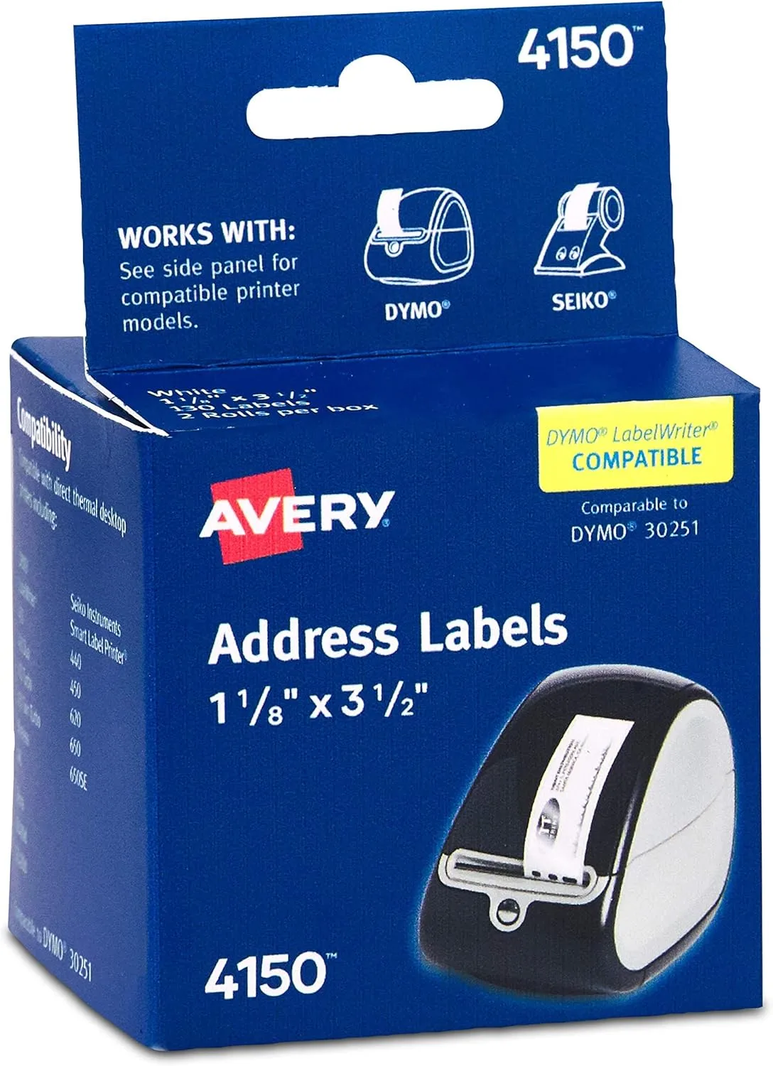 Avery Direct Thermal Address Labels, 1-1/8" x 3-1/2", White, Comparable to DYMO 30251, 130 Blank Labels per Roll, 2 Rolls, 260 Total (4150) 1-1/8" x 3-1/2 260 labels