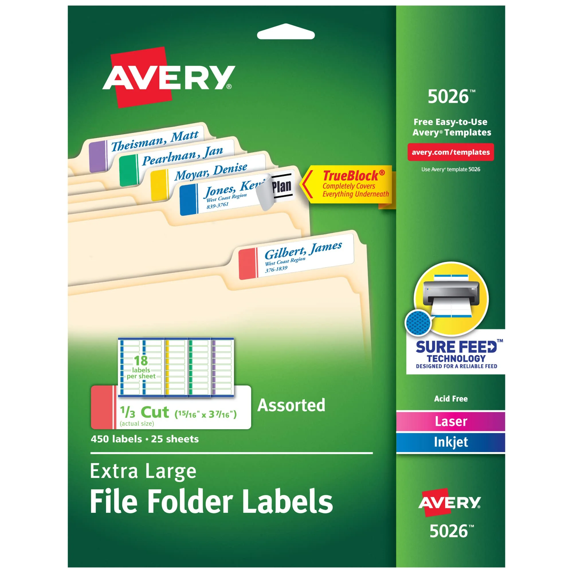 Avery TrueBlock Extra-Large File Folder Labels, 15/16 x 3-7/16, Assorted, 450 Pack (5026)