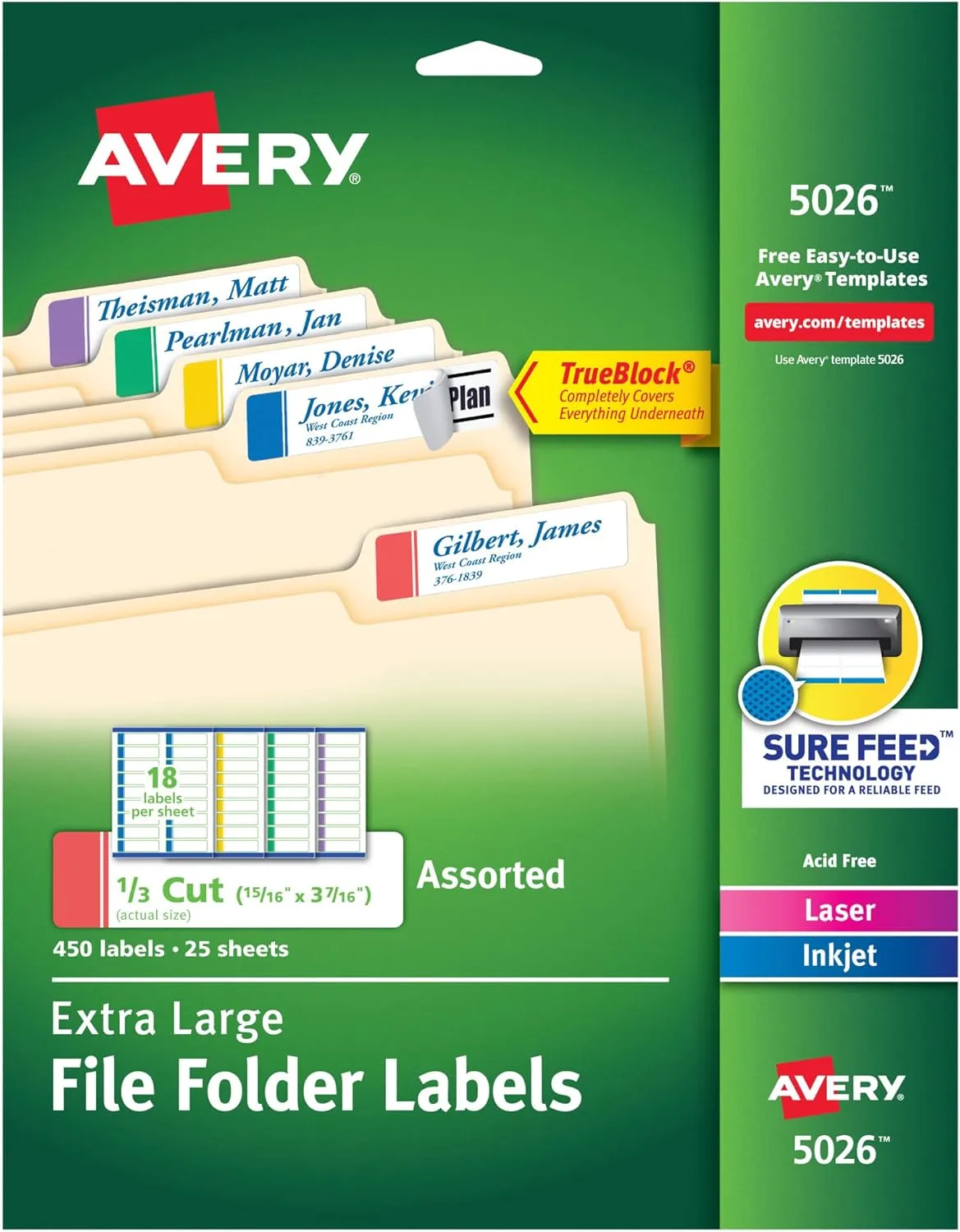 Avery TrueBlock Extra-Large File Folder Labels, 15/16 x 3-7/16, Assorted, 450 Pack (5026)