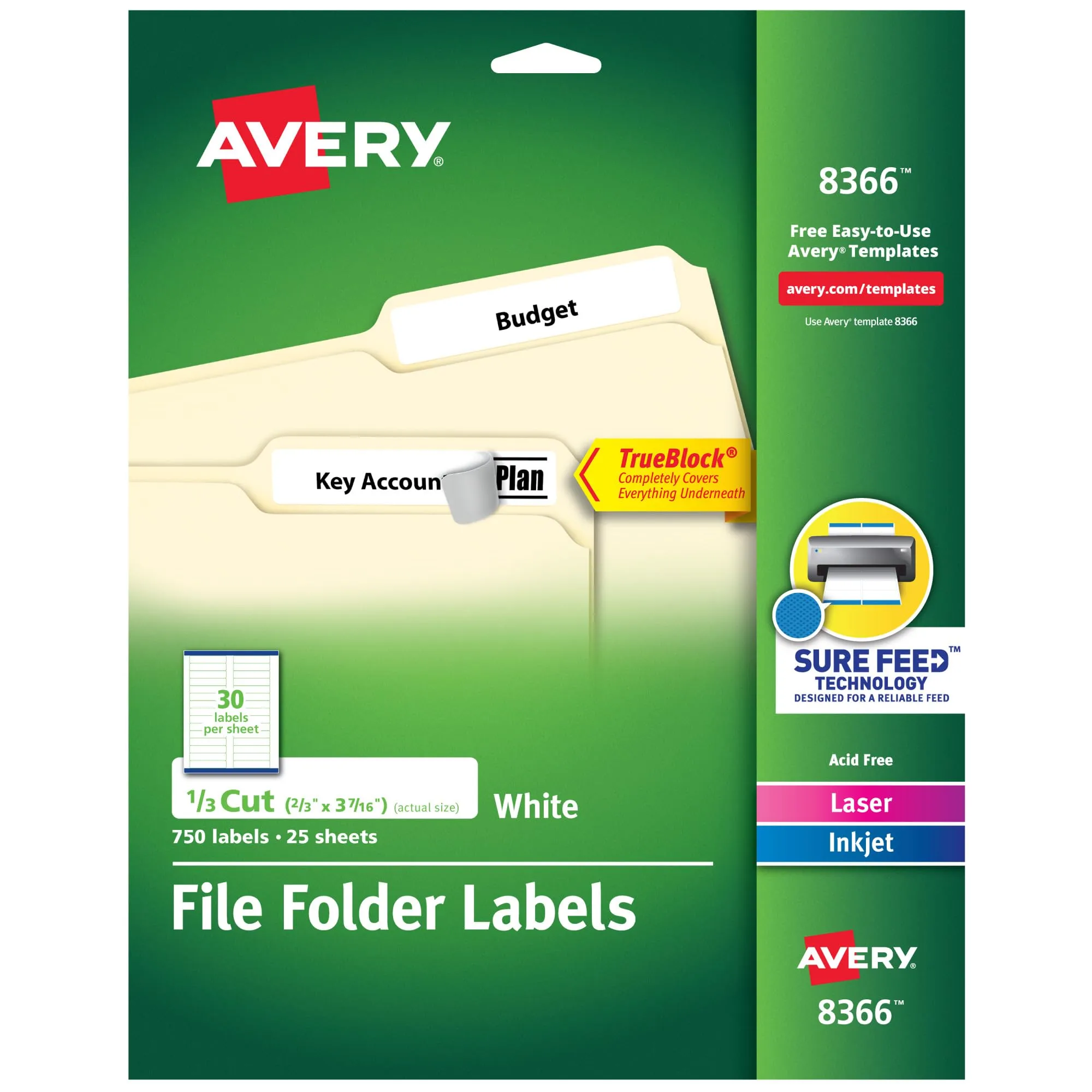 Avery File Folder Labels with TrueBlock Technology, Permanent Adhesive, 2/3" x 3-7/16", Laser/Inkjet, 750 Labels (08366) 2/3 in. X 3-7/16 in. 750 labels