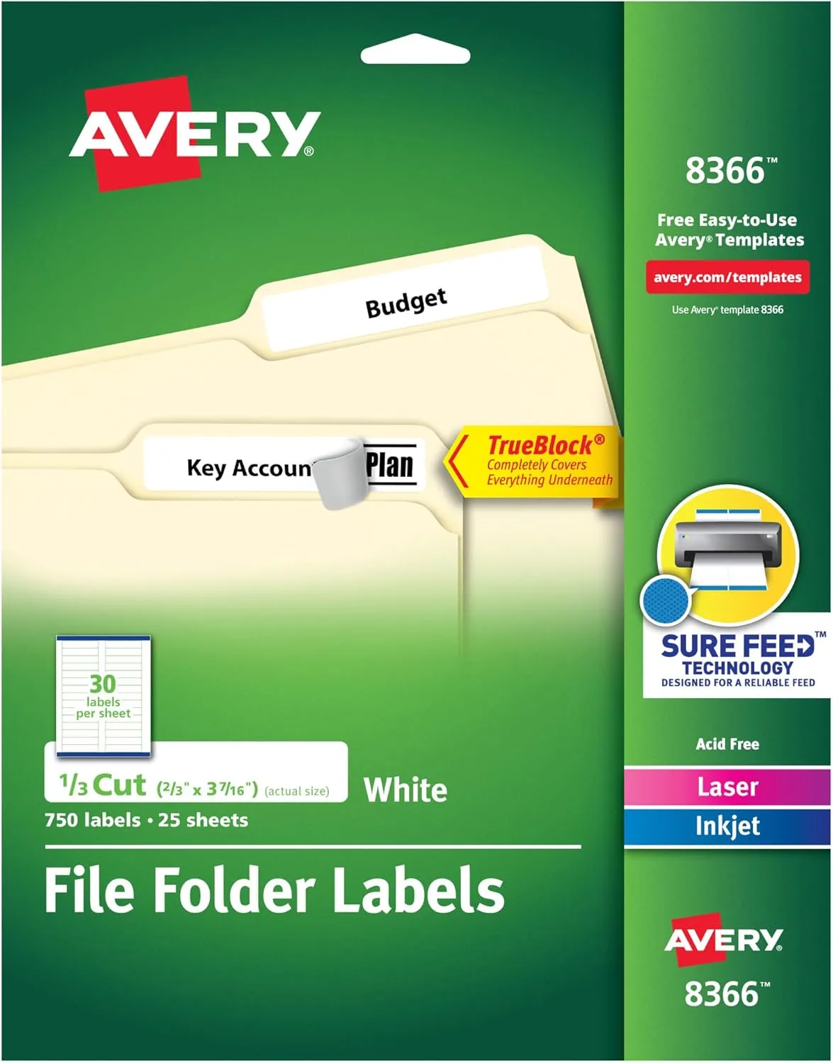 Avery File Folder Labels with TrueBlock Technology, Permanent Adhesive, 2/3" x 3-7/16", Laser/Inkjet, 750 Labels (08366) 2/3 in. X 3-7/16 in. 750 labels