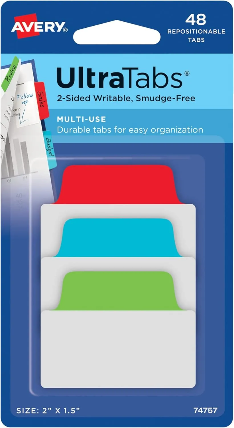 Avery Multiuse Ultra Tabs, Repositionable Writable Page Tabs