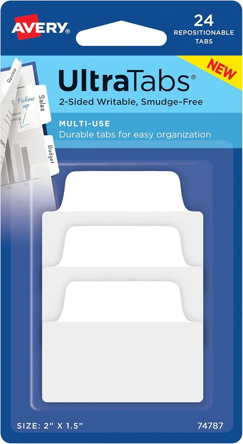 Avery Multiuse Ultra Tabs, Repositionable Writable Page Tabs
