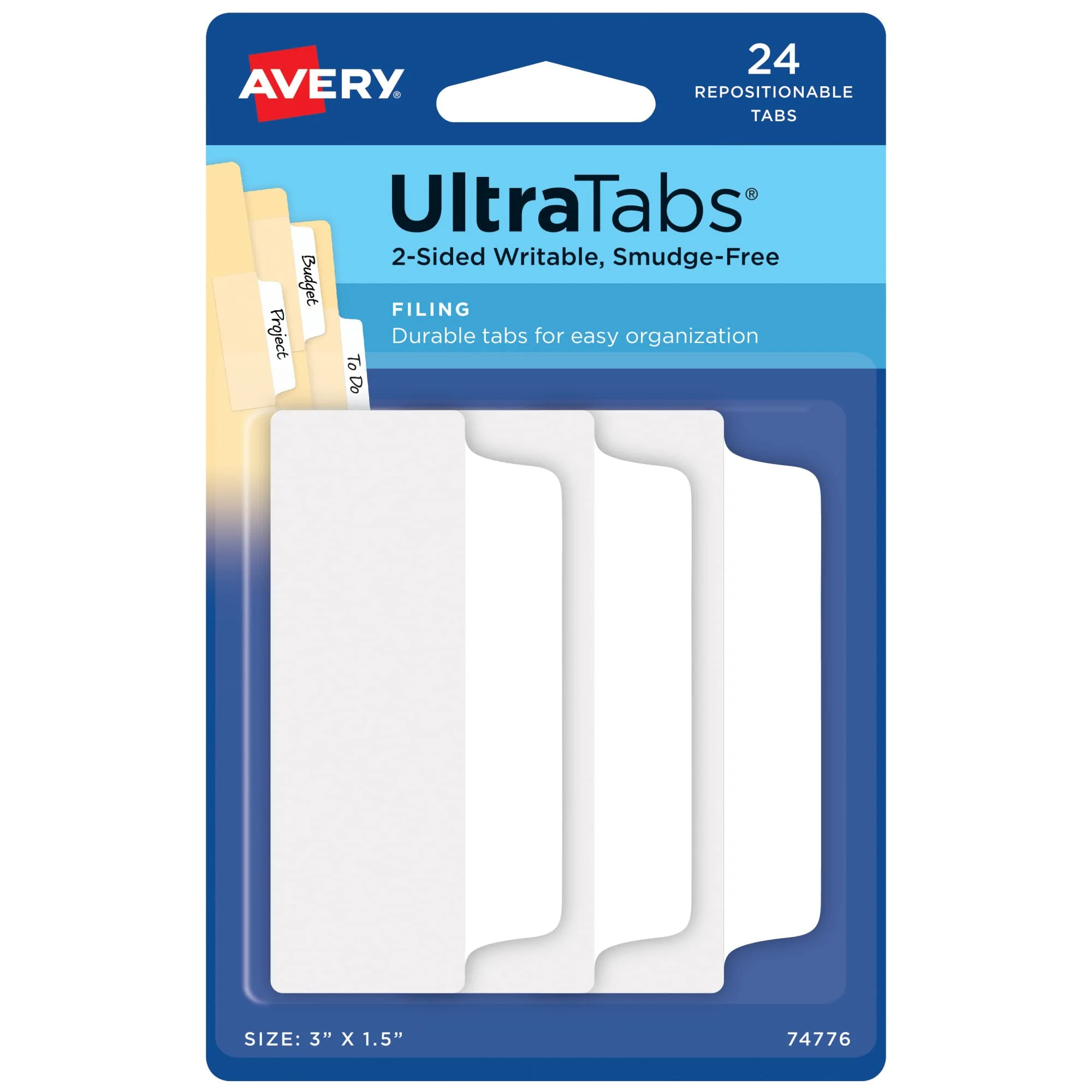 Avery Filing Ultra Tabs, 3" x 1.5", 2-Side Writable Repositionable Tabs, 24 Count