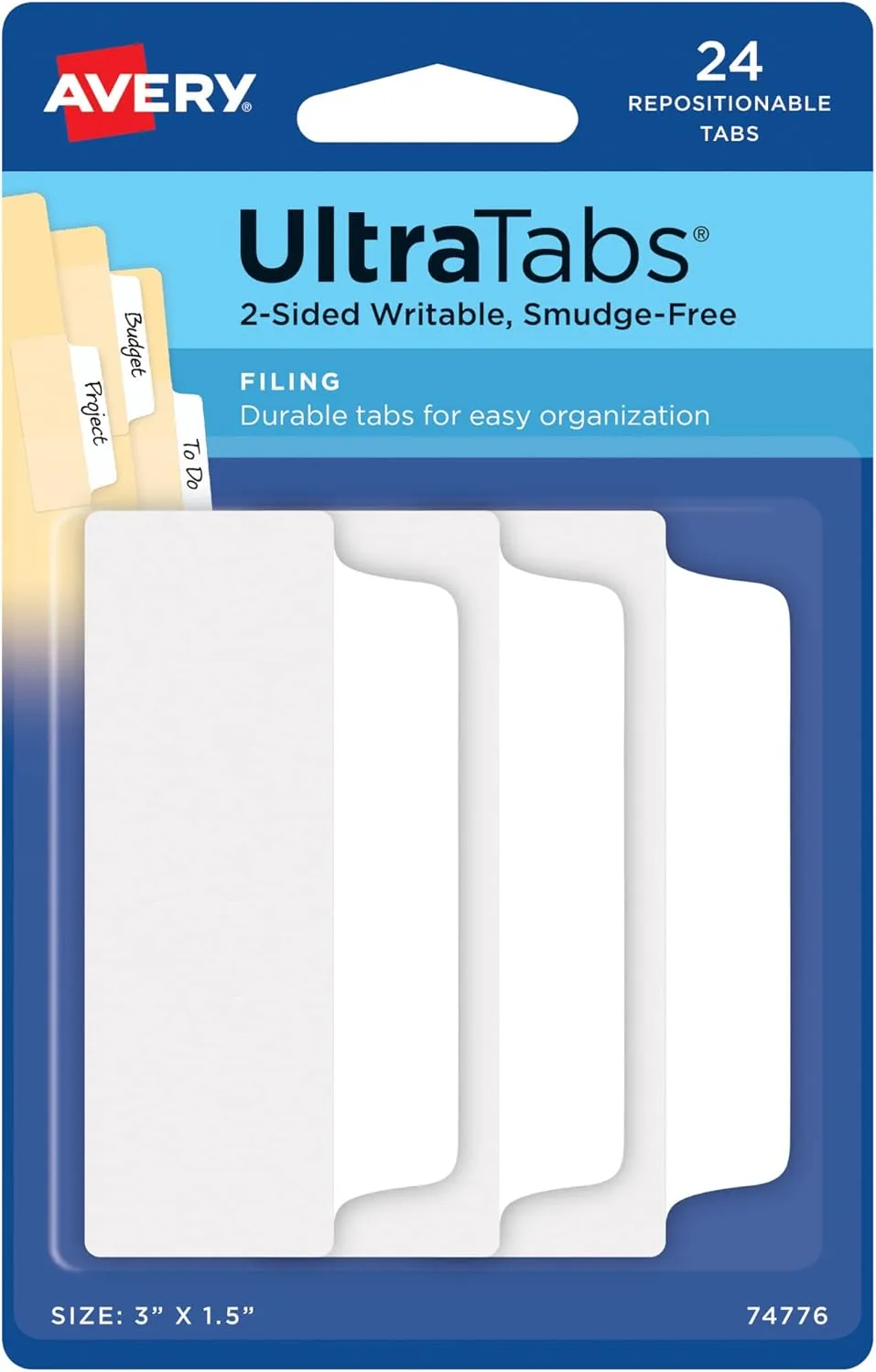 Avery Filing Ultra Tabs, 3" x 1.5", 2-Side Writable Repositionable Tabs, 24 Count