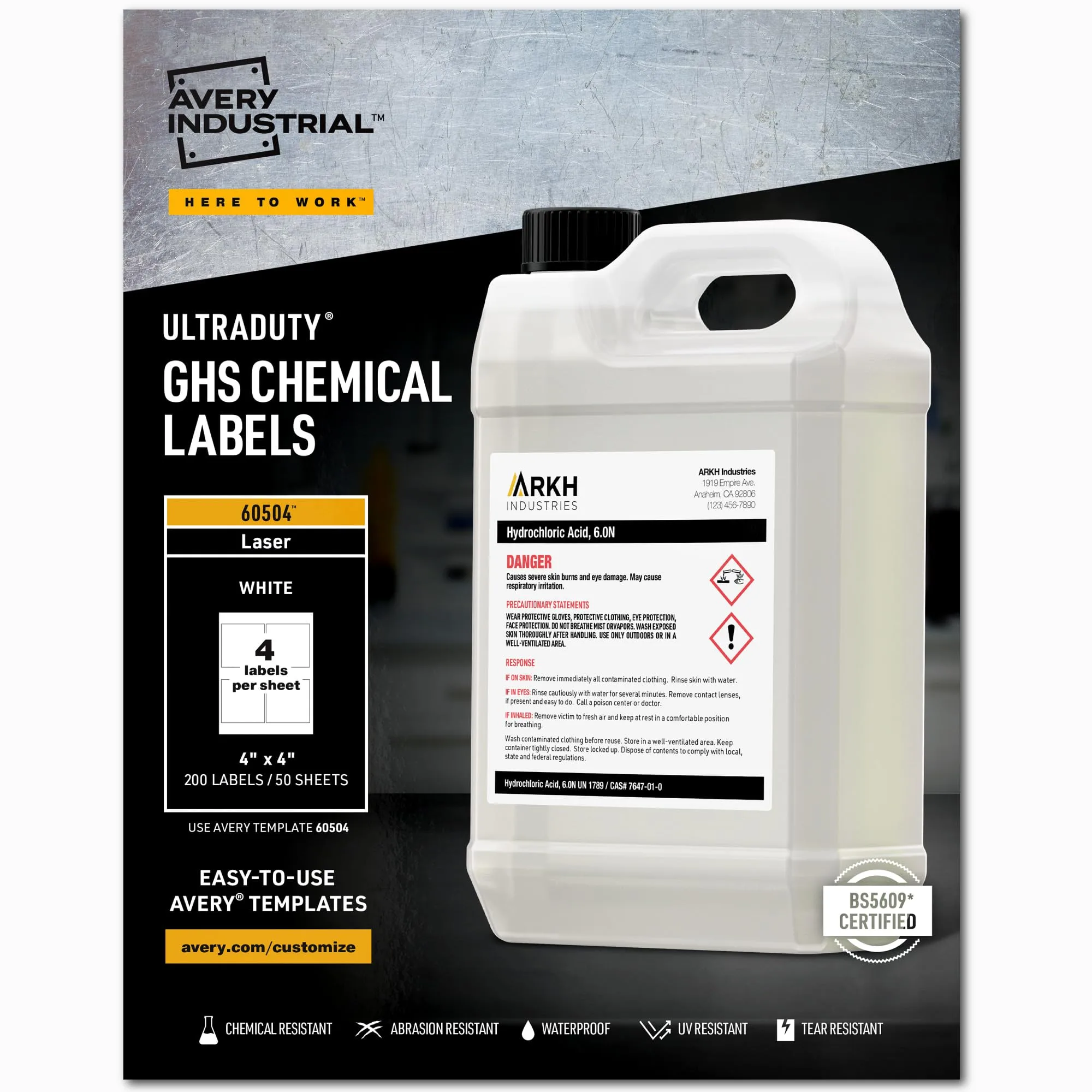Avery UltraDuty GHS Chemical Labels for Laser Printers, 4 x 4, 200 Pack (60504)