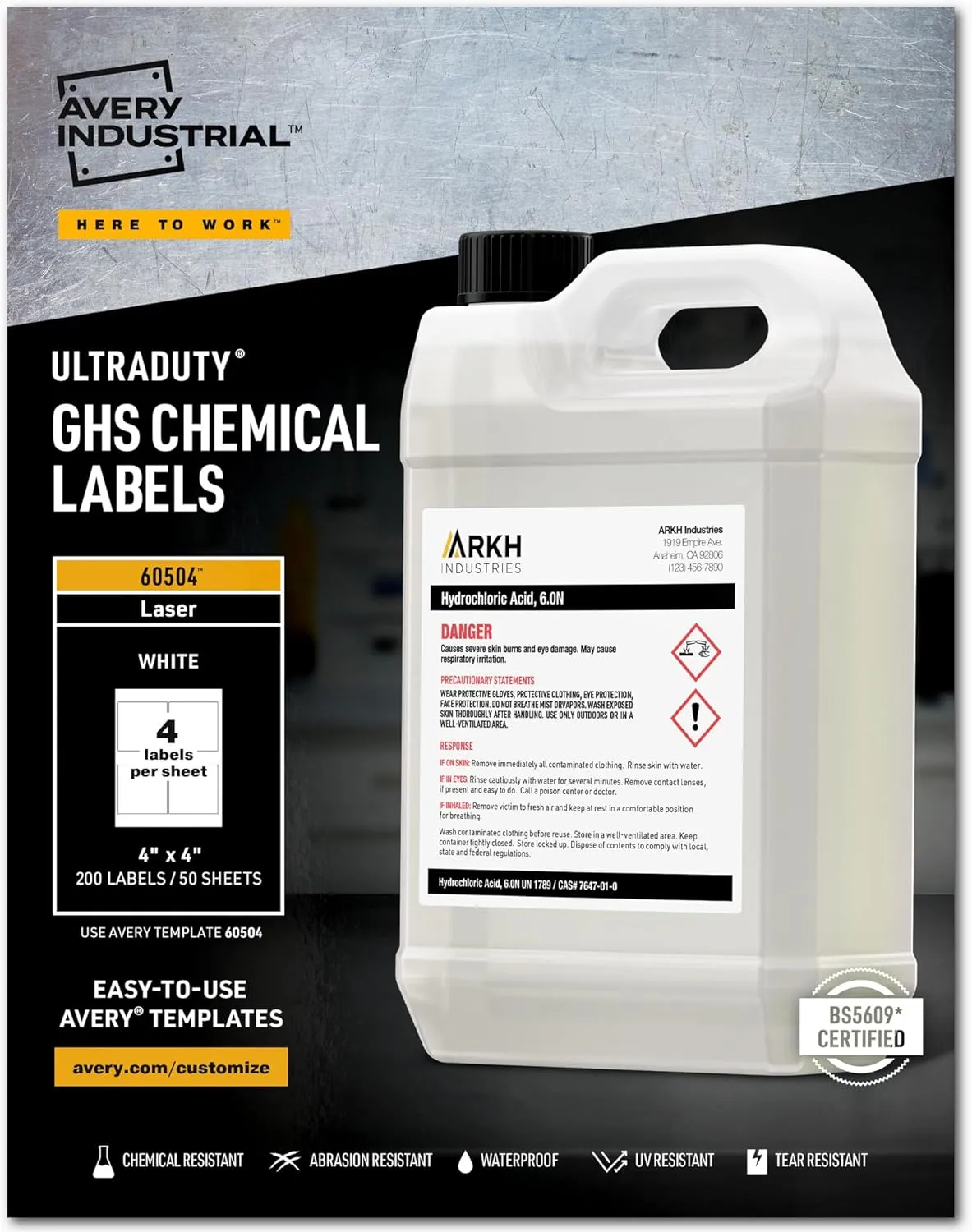 Avery UltraDuty GHS Chemical Labels for Laser Printers, 4 x 4, 200 Pack (60504)