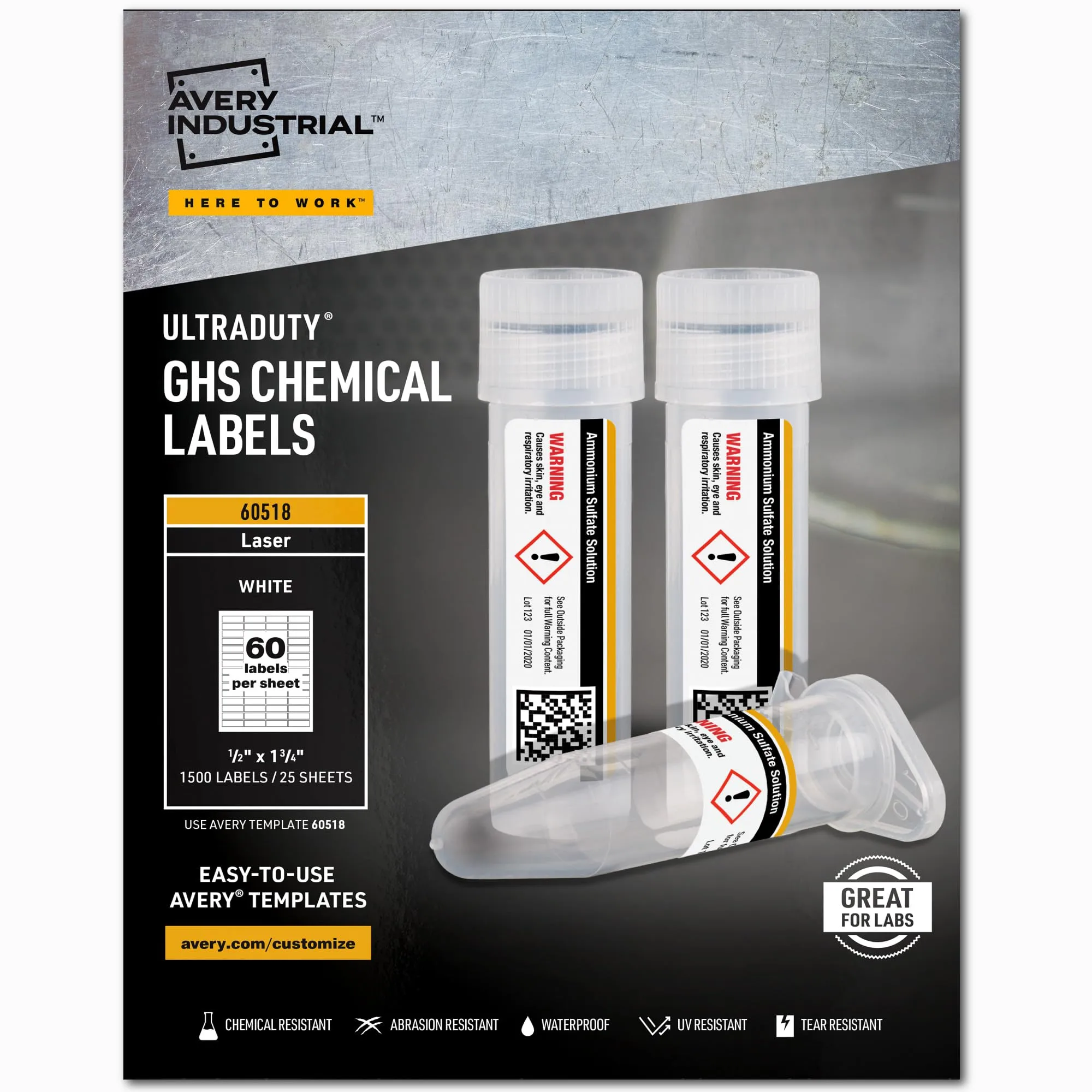 Avery UltraDuty GHS Chemical Labels for Laser Printers, 1/2 x 1-3/4, Pack of 1,500 (60518)