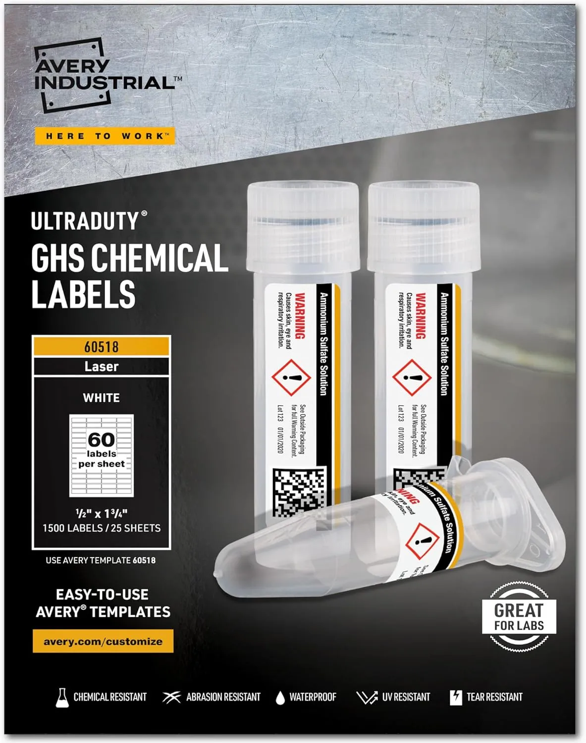 Avery UltraDuty GHS Chemical Labels for Laser Printers, 1/2 x 1-3/4, Pack of 1,500 (60518)
