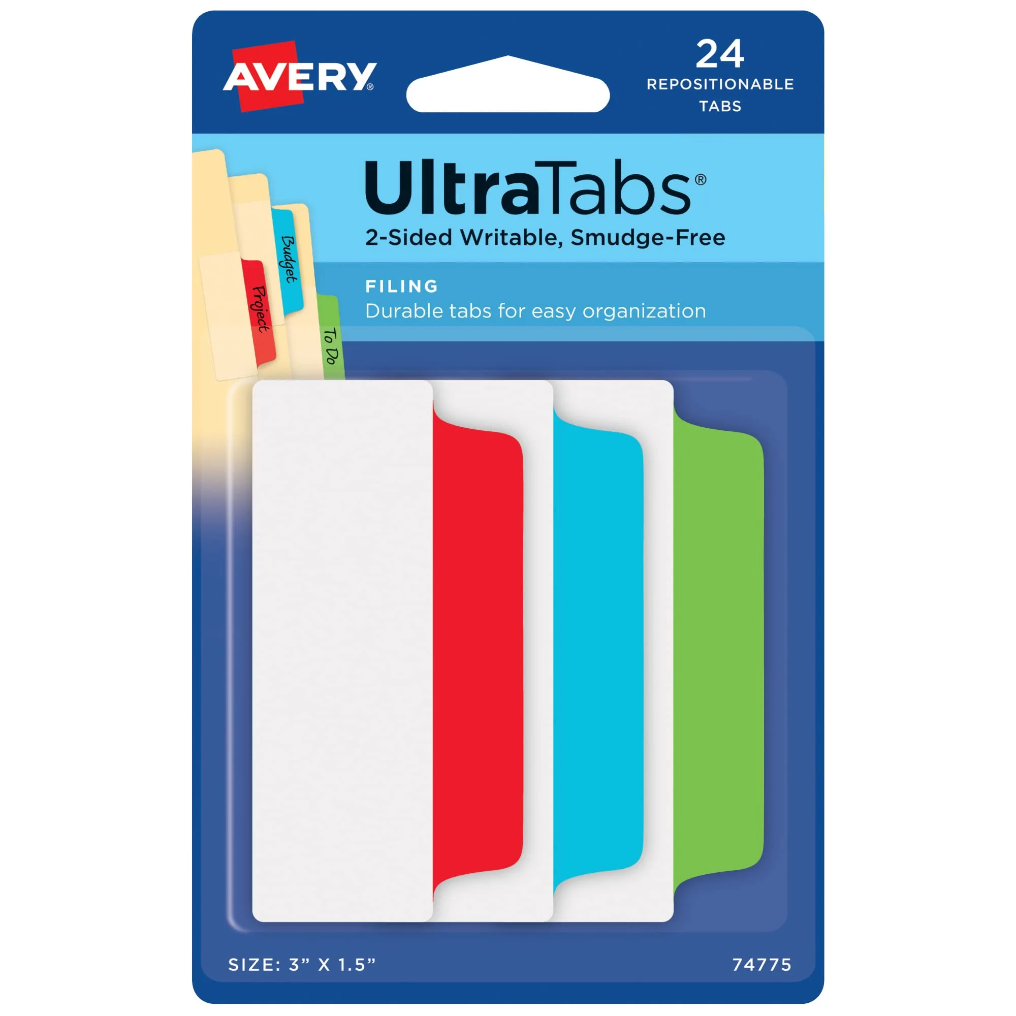 Avery Filing Ultra Tabs, 3" x 1.5", 2-Side Writable Repositionable Tabs, 24 Count