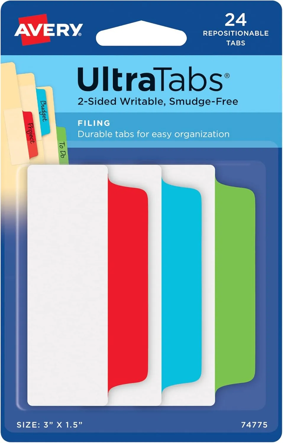Avery Filing Ultra Tabs, 3" x 1.5", 2-Side Writable Repositionable Tabs, 24 Count