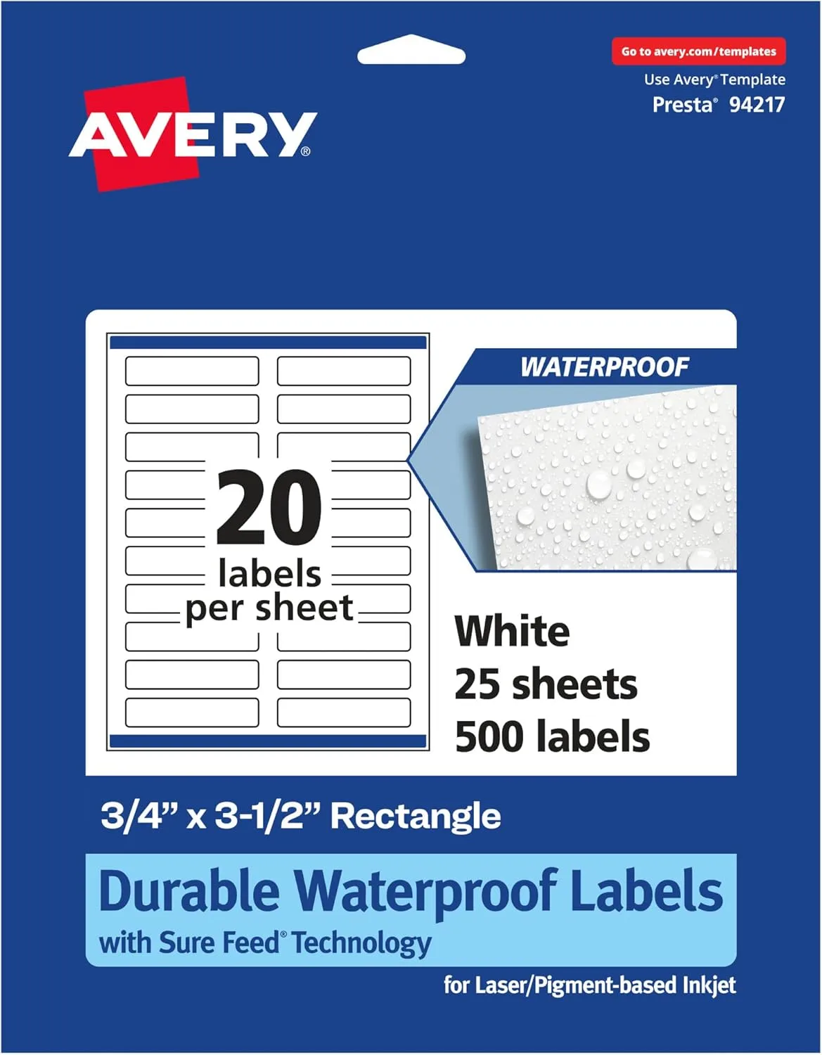 Avery Durable Waterproof Rectangle Labels, Sure Feed Technology, 0.75" x 3.5", 500 Total
