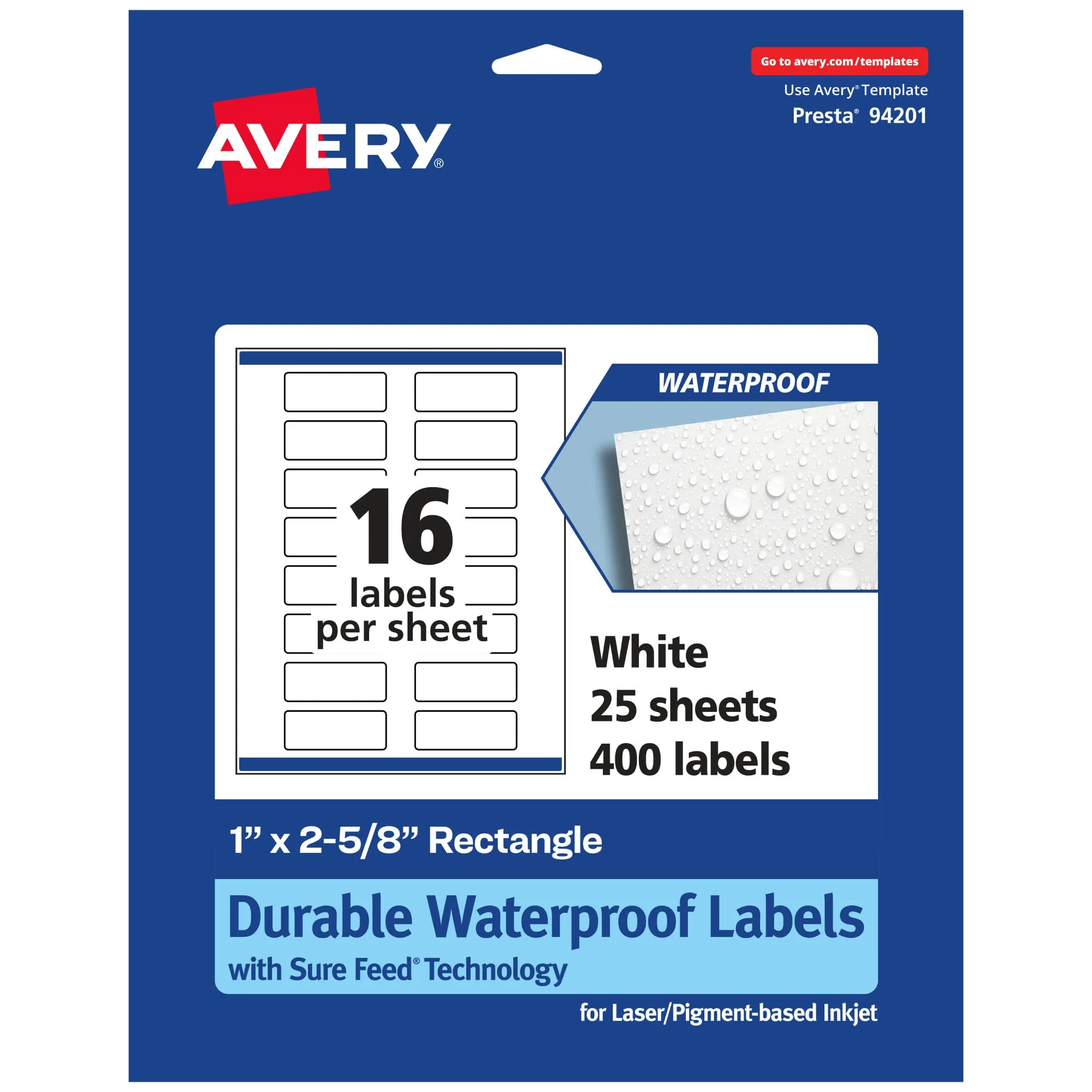 Avery Durable Waterproof Rectangle Labels, Sure Feed Technology, 1" x 2-5/8", Print-to-The-Edge