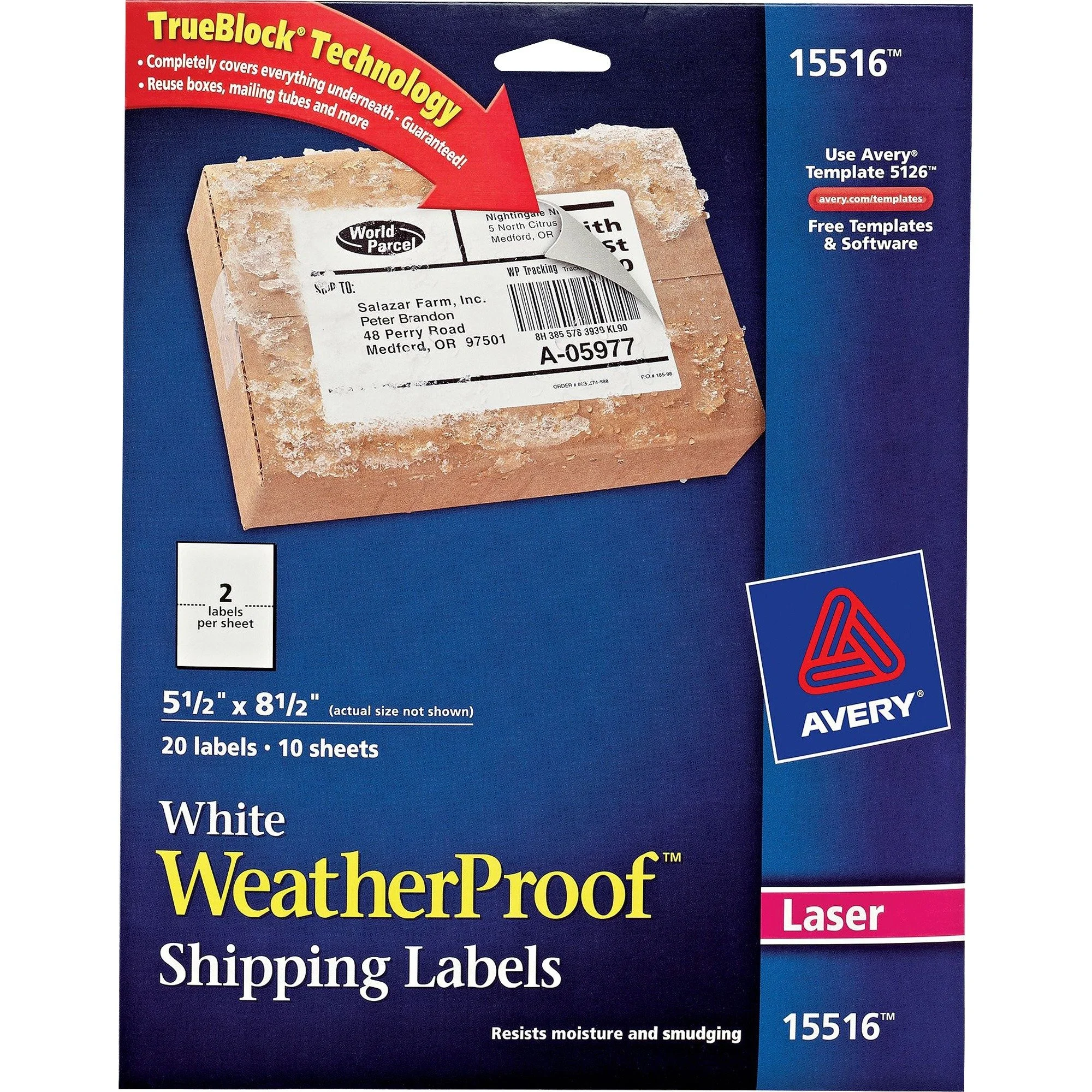 Avery Waterproof Printable Shipping Labels with Sure Feed, 5.5" x 8.5", White, 20 Blank Mailing Labels (15516)