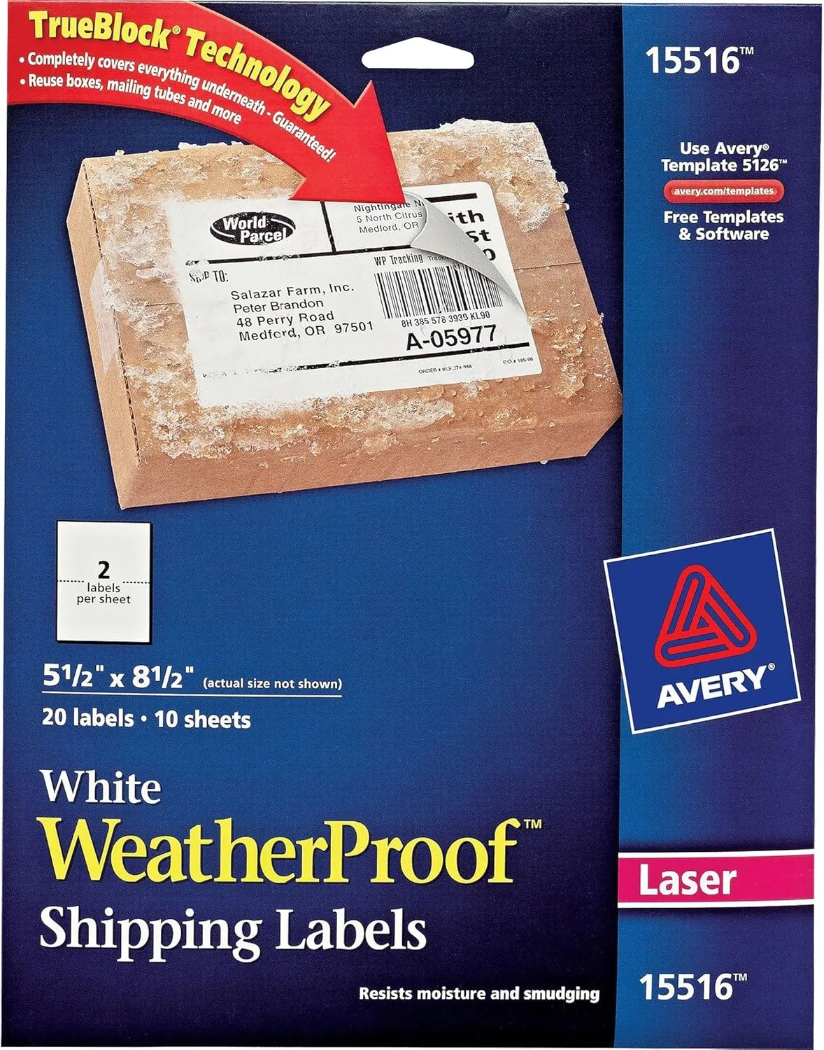 Avery Waterproof Printable Shipping Labels with Sure Feed, 5.5" x 8.5", White, 20 Blank Mailing Labels (15516)