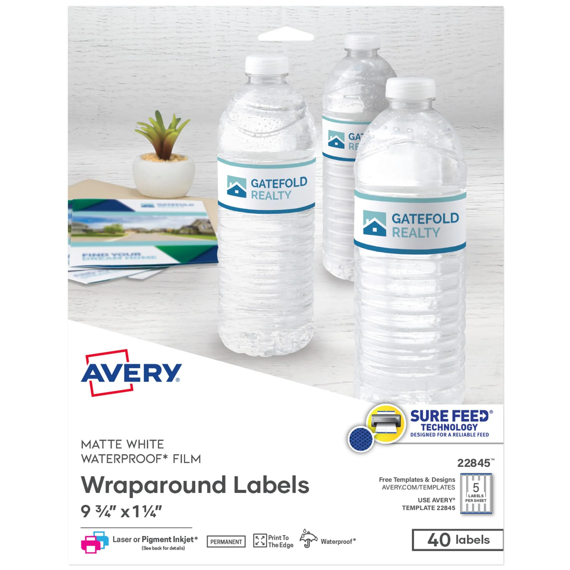 Avery Durable Waterproof Wraparound Rectangle Labels with Sure Feed Technology, 1-1/4" x 9-3/4", Matte White, 40 Customizable Labels (22845)