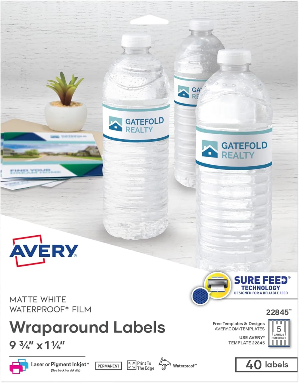 Avery Durable Waterproof Wraparound Rectangle Labels with Sure Feed Technology, 1-1/4" x 9-3/4", Matte White, 40 Customizable Labels (22845)