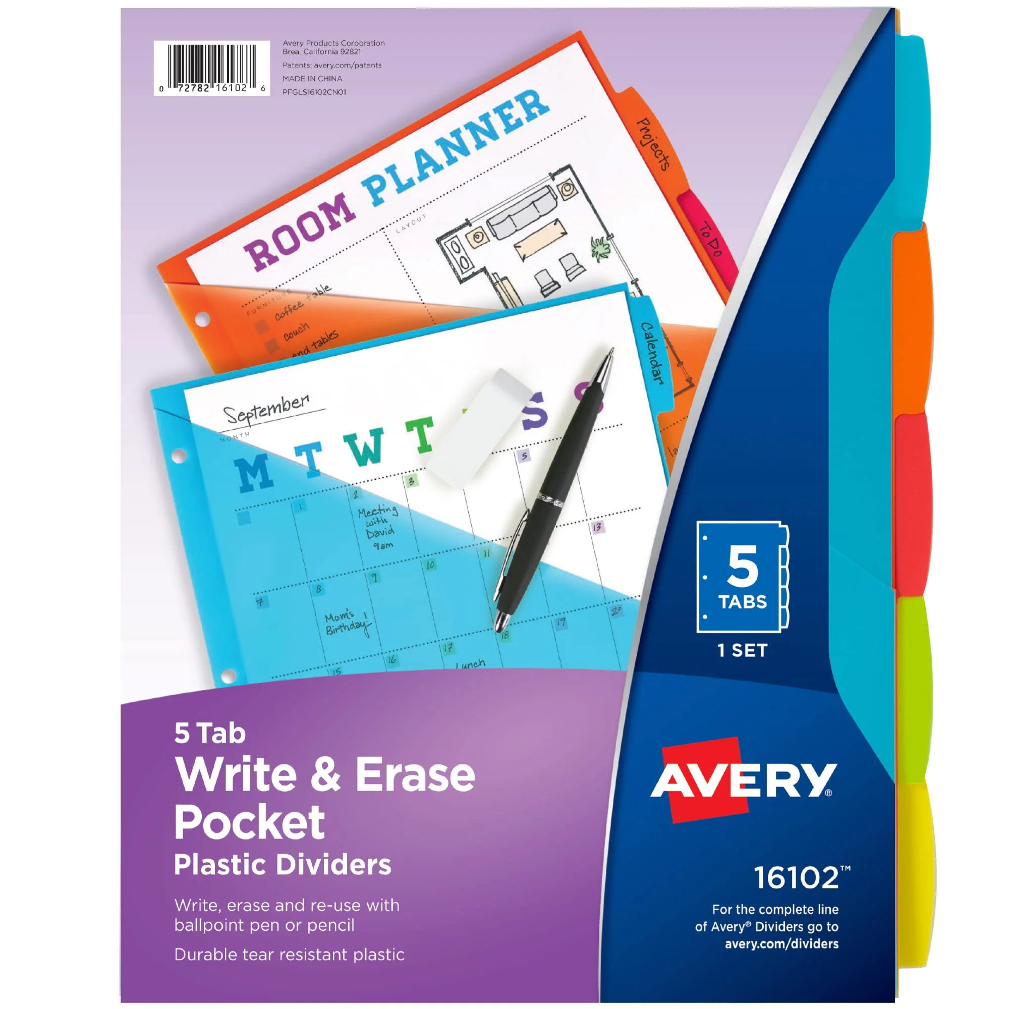 Avery Durable Plastic 5 Tab Write & Erase Dividers with Pockets for 3 Ring Binders, Multi Brights, Works with Sheet Protectors (16102)
