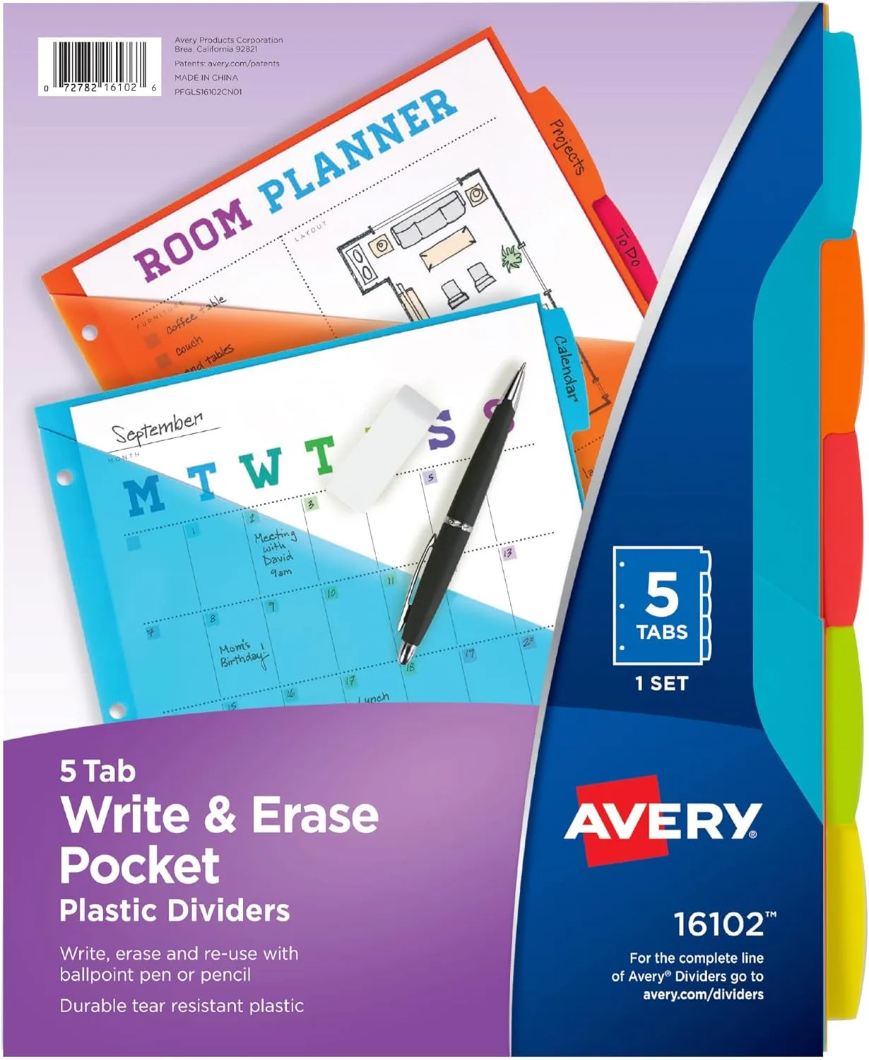 Avery Durable Plastic 5 Tab Write & Erase Dividers with Pockets for 3 Ring Binders, Multi Brights, Works with Sheet Protectors (16102)