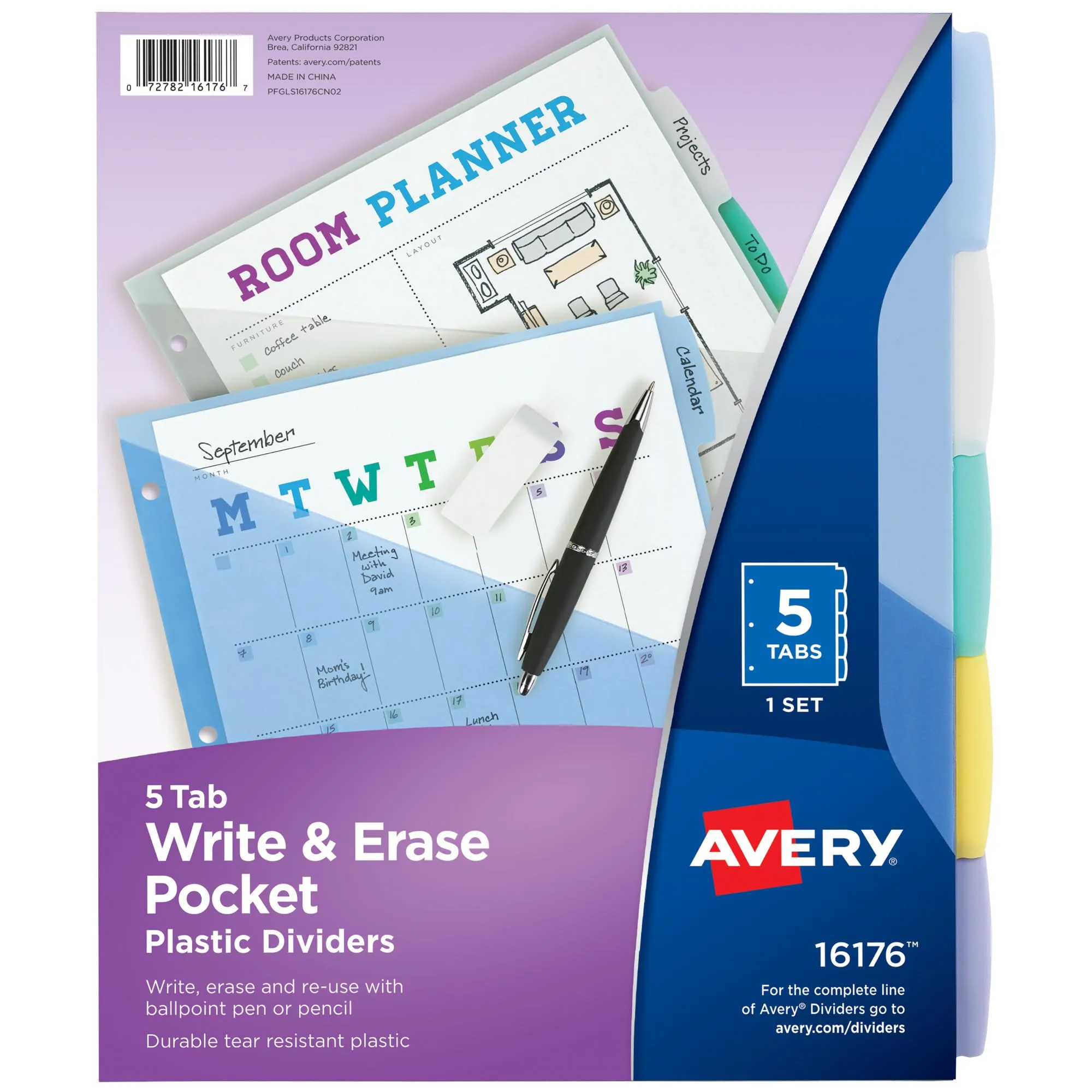 Avery Write & Erase Pocket Plastic Dividers for 3 Ring Binders, 5-Tab Set, Multicolor, 1 Set (16176)