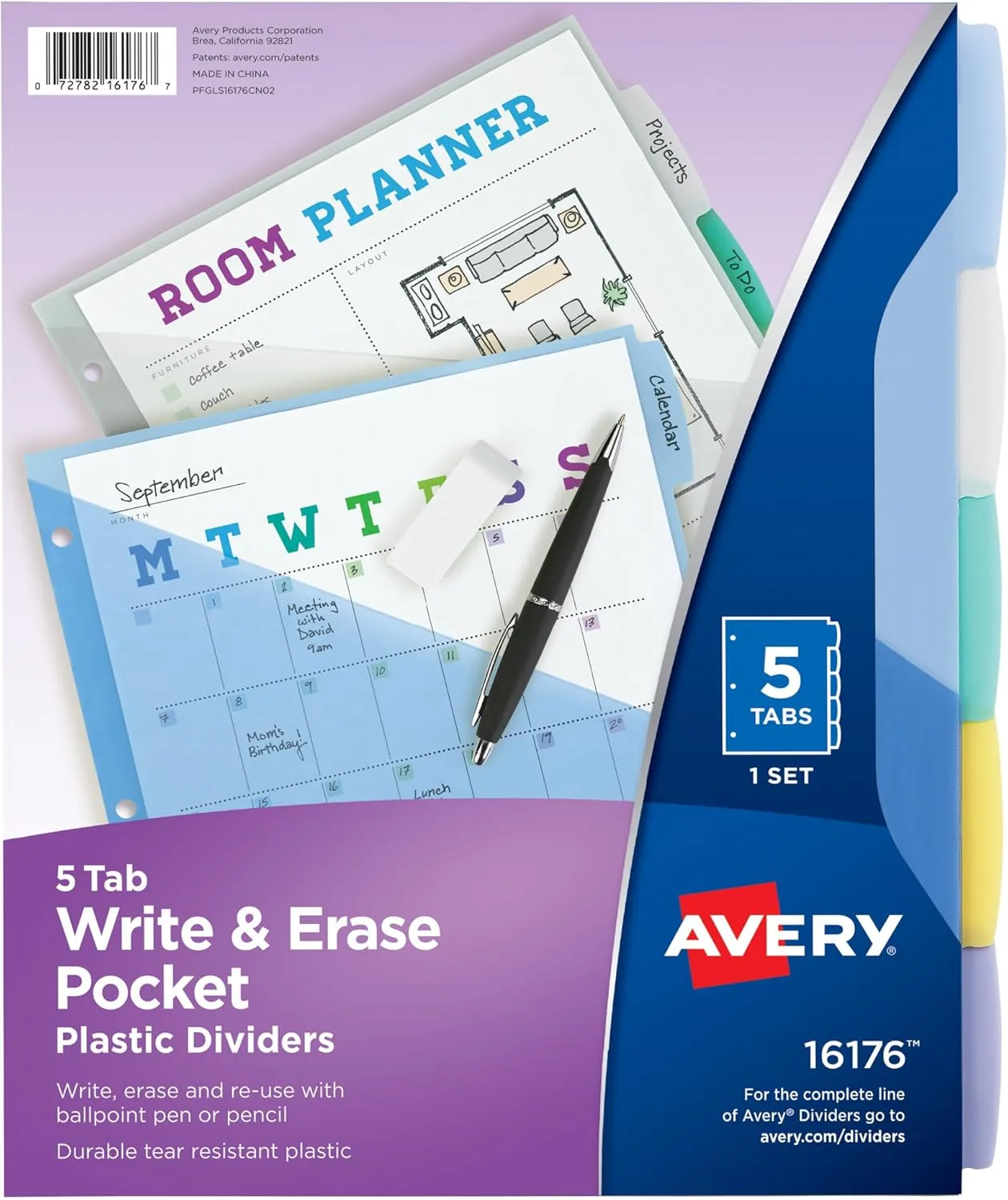 Avery Write & Erase Pocket Plastic Dividers for 3 Ring Binders, 5-Tab Set, Multicolor, 1 Set (16176)
