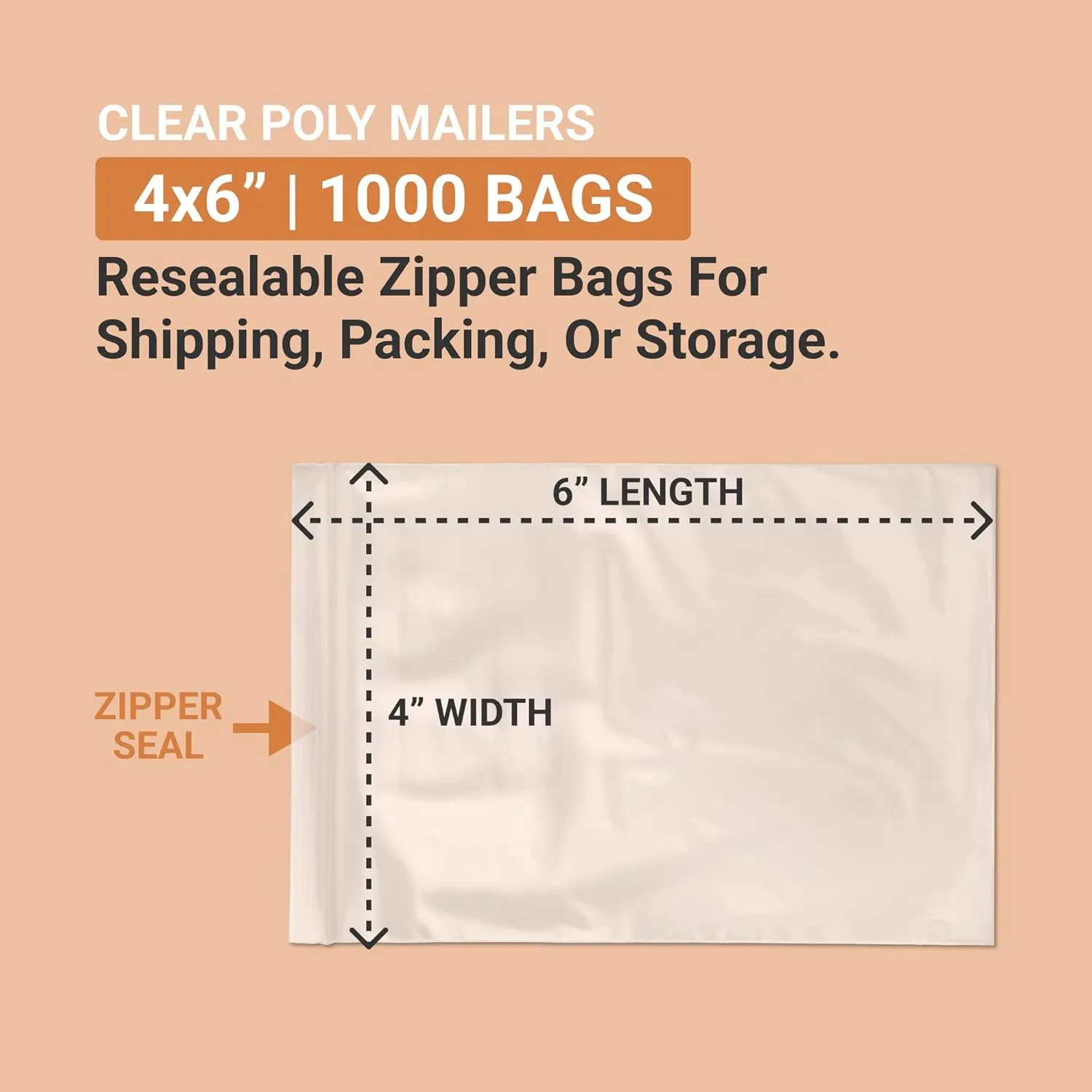 AVIDITI Clear Poly Bag Mailers 4"L x 6"W, Small 1000-Pack Bulk | Plastic Resealable Zipper Polybags for Small Business