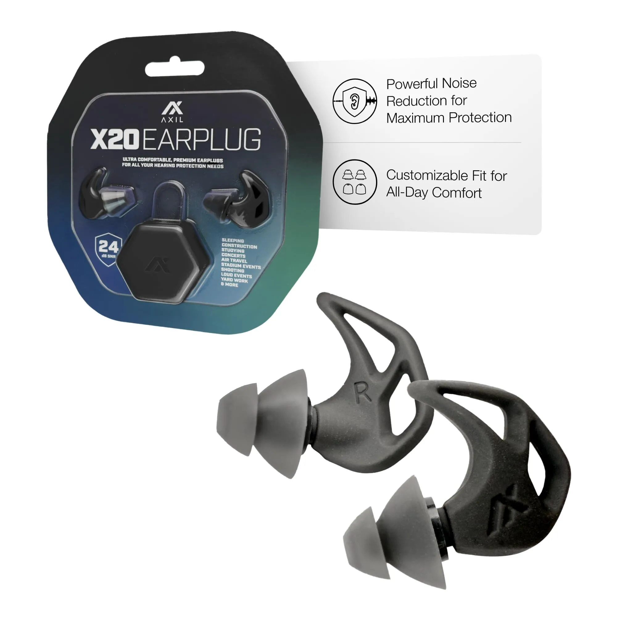 AXIL X20 Noise Reduction Ear Plugs - Reusable Foam & Silicone Eartips - Customizable Fit Hearing Protection