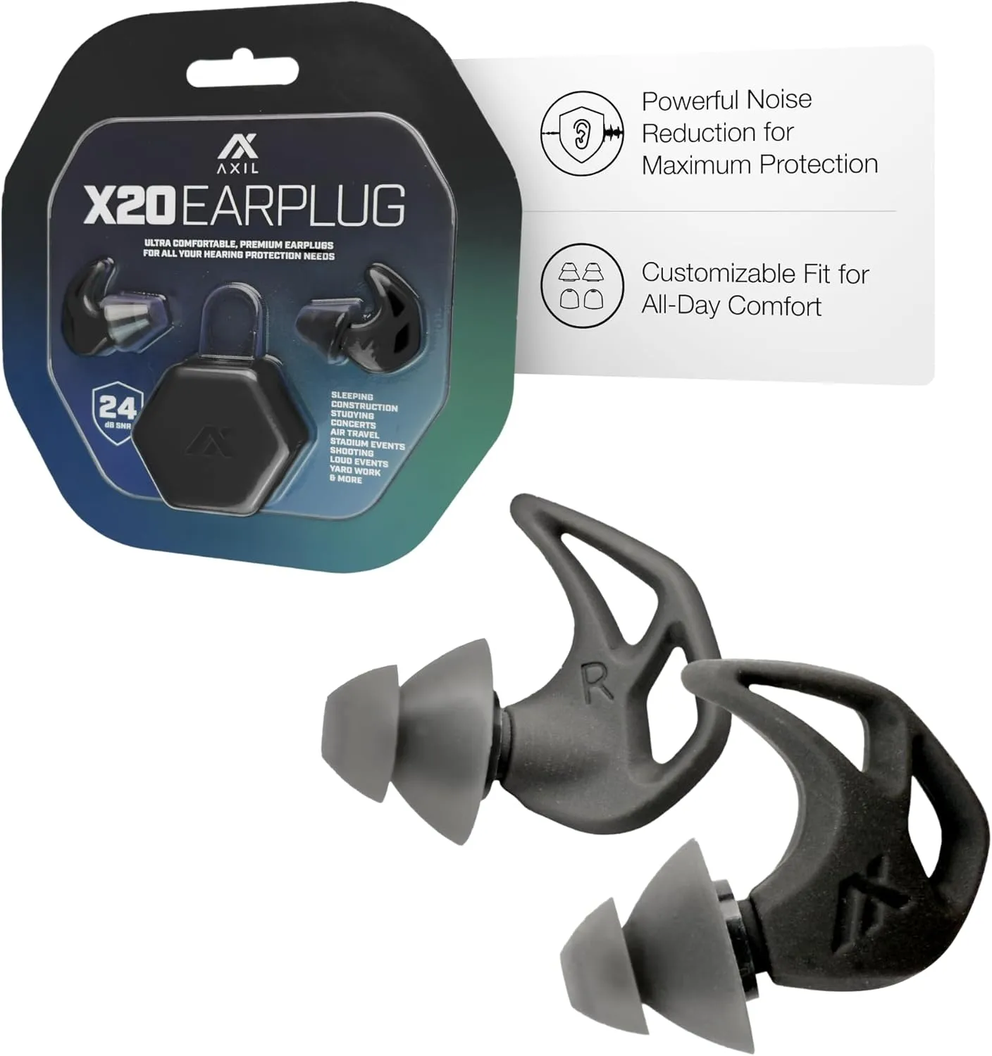 AXIL X20 Noise Reduction Ear Plugs - Reusable Foam & Silicone Eartips - Customizable Fit Hearing Protection