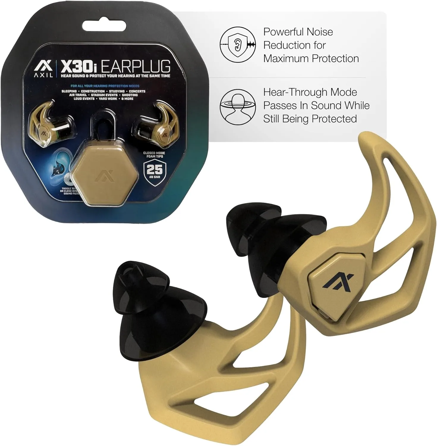 AXIL X30i Noise Reduction Ear Plugs - Hear-Through Mode, 25dB
