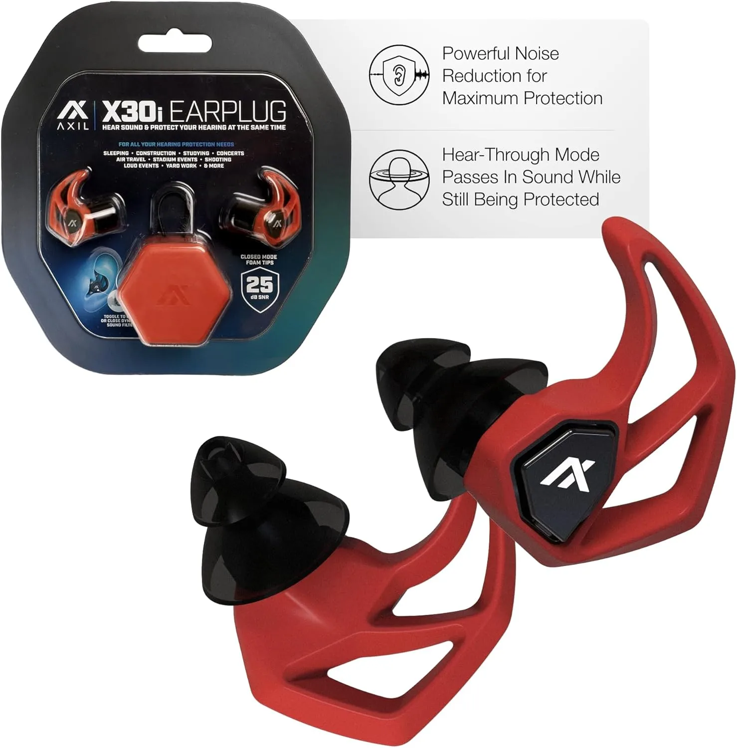 AXIL X30i Noise Reduction Ear Plugs - Hear-Through Mode, 25dB
