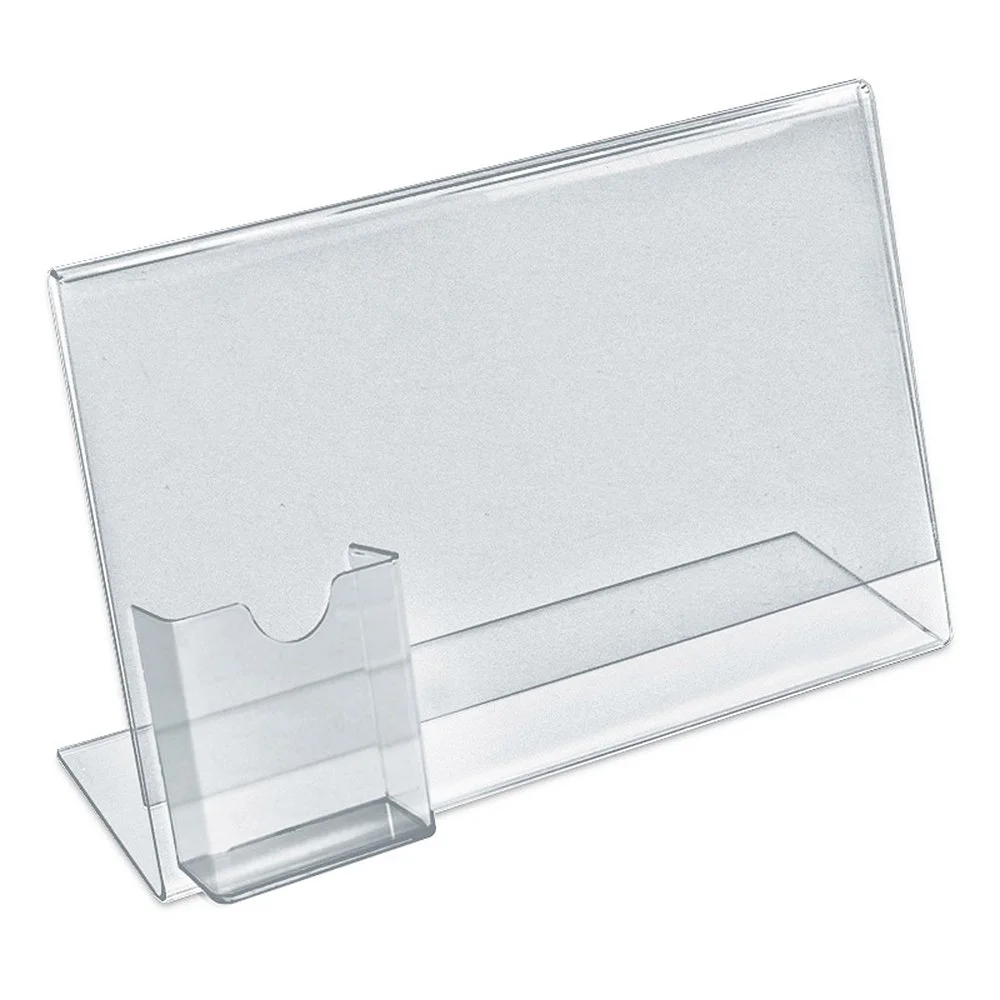 Azar Displays L-Shape Sign Holder with Attached Pockets, Clear Acrylic Countertop Display