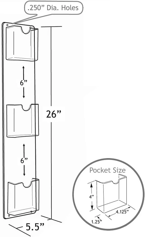 Azar Displays 252065 5.5" W X 26" H Vertical Three-Pocket Wall Mount Brochure Holder (2 Pack)