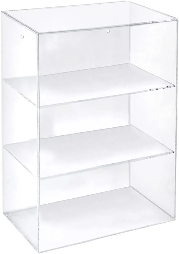 Acrylic Countertop Open Case 12.375” Wide w/ 2 Non-Removable Shelves and Wall Hanging Holes
