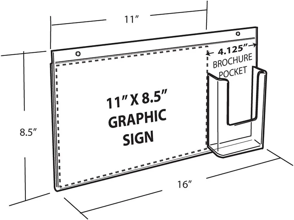 Azar Displays 252052-2pk 16" W x 8.5" H Acrylic Horizontal Wall Mount Sign Holder with Attached Brochure Holder (Pack of 2)