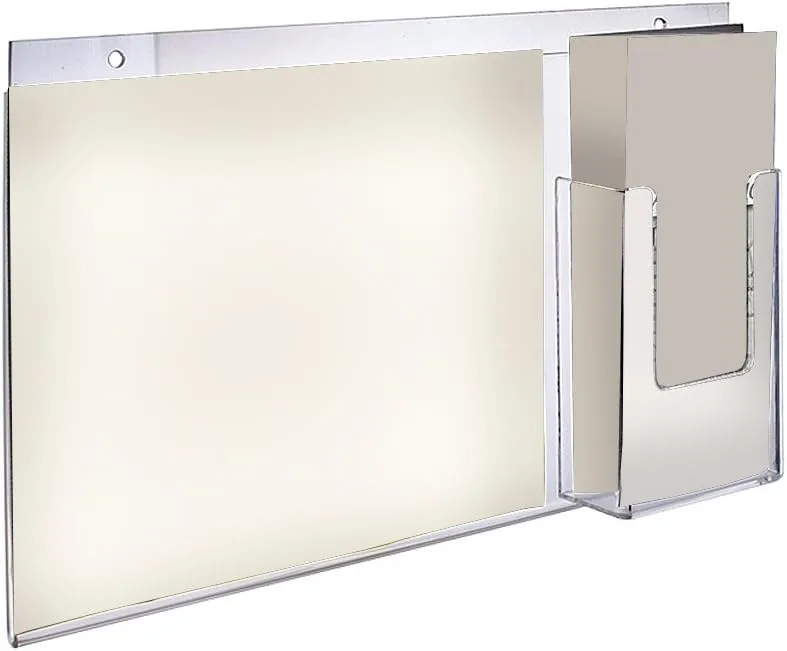 Azar Displays 252052-2pk 16" W x 8.5" H Acrylic Horizontal Wall Mount Sign Holder with Attached Brochure Holder (Pack of 2)