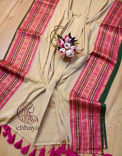 Mulcotton Saree with Kanjee Border- Sandal Colour
