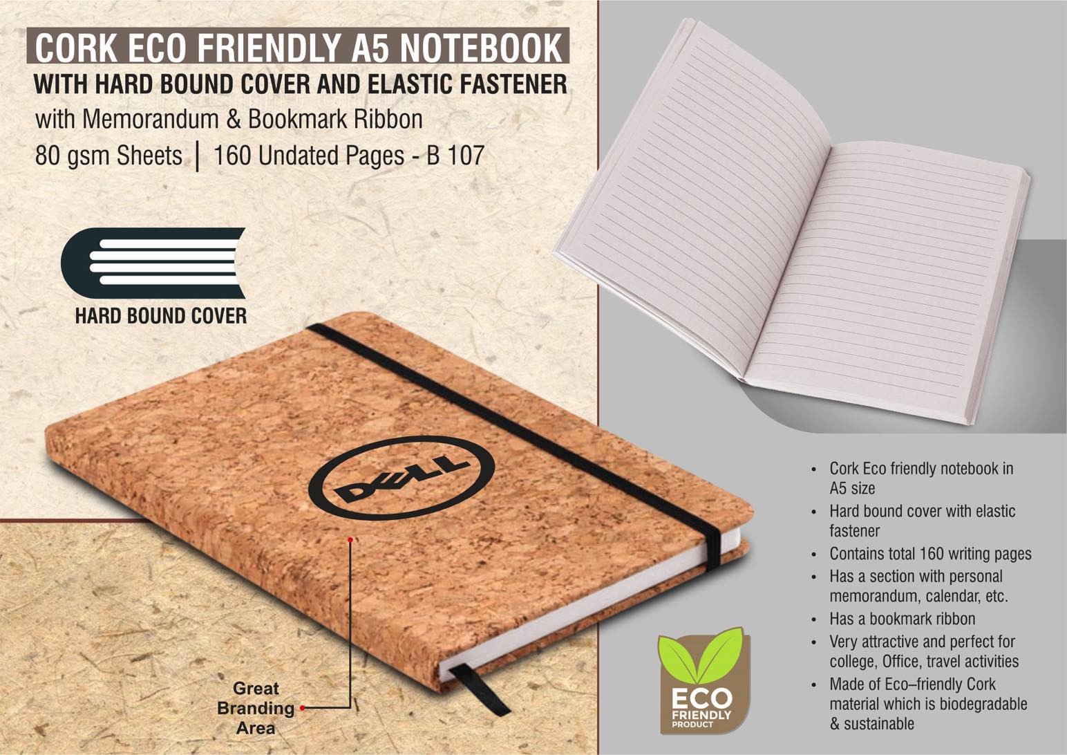 Cork Eco friendly A5 notebook with Hard bound cover and Elastic fastener