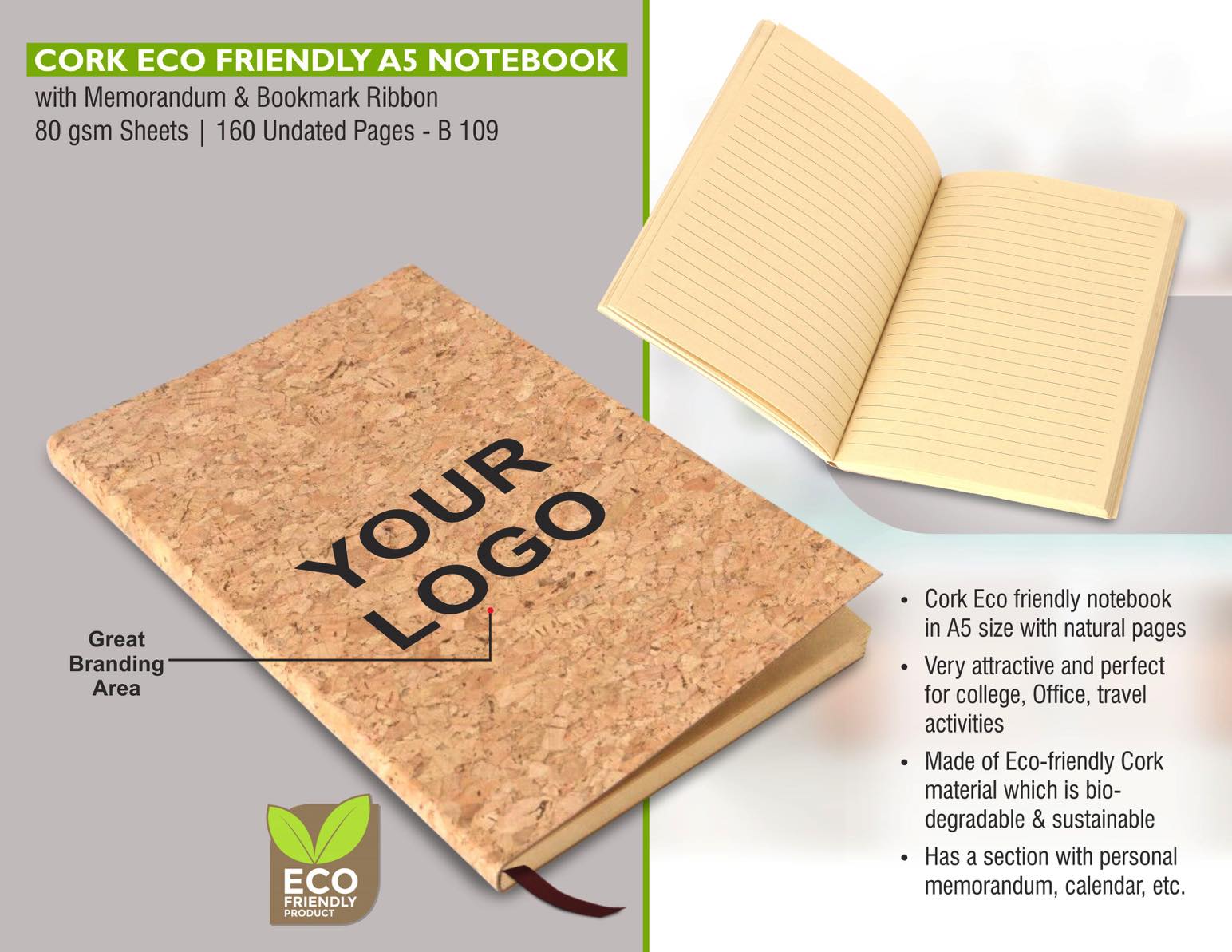 Cork Eco friendly A5 notebook with memorandum