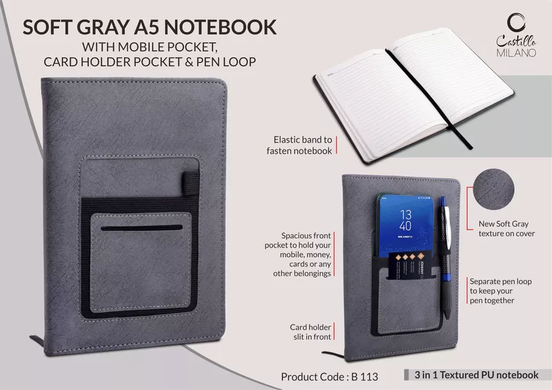 Soft Gray A5 notebook with mobile pocket,