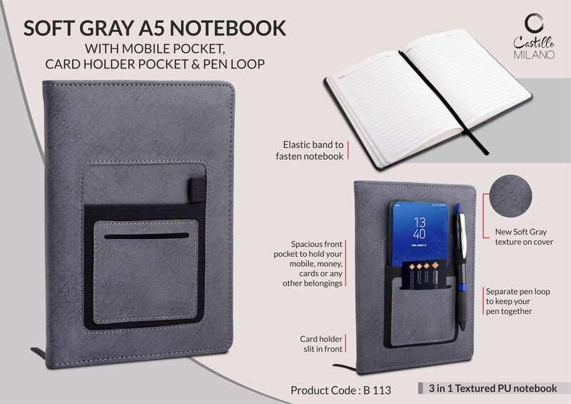 Soft Gray A5 notebook with mobile pocket,