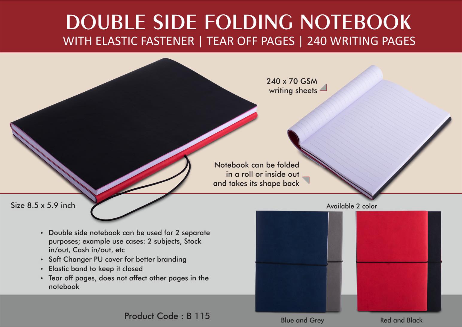 Double side folding notebook with Elastic Fastener