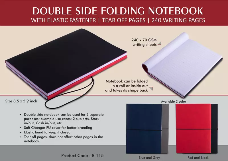 Double side folding notebook with Elastic Fastener