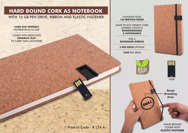 Hard bound Cork A5 notebook with Pen Drive, Ribbon and elastic fastener