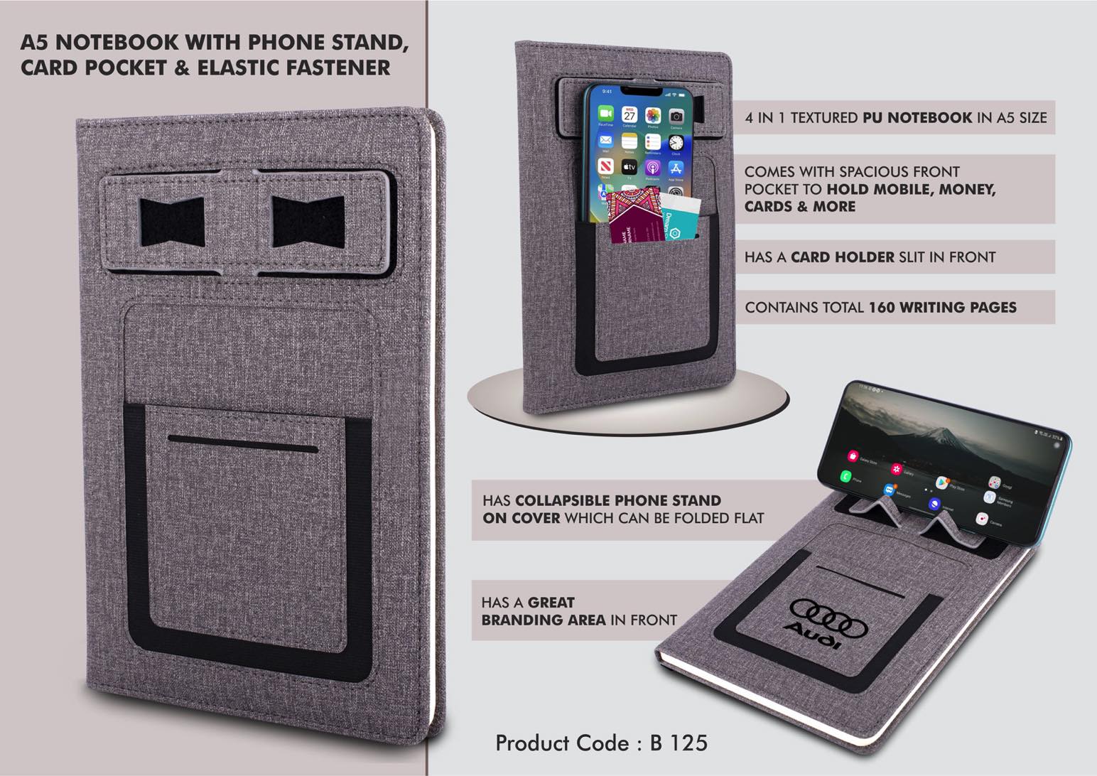 A5 notebook with Phone stand, card pocket,