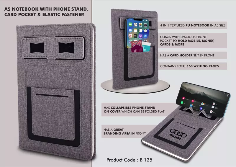 A5 notebook with Phone stand, card pocket,