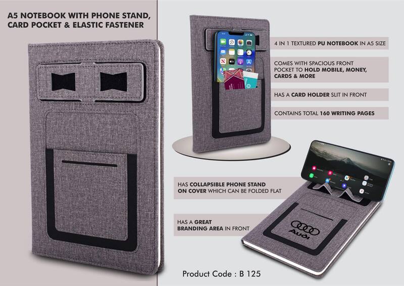 A5 notebook with Phone stand, card pocket,